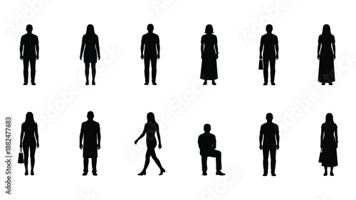 Silhouettes of people in various poses isolated on white background, Vector