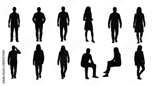 Silhouettes of various people in different poses isolated on white background, Vector