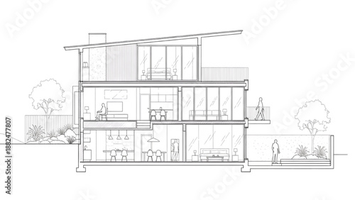 Detailed Architectural Cross-Section of a Contemporary Multi-Story Residential Building with Integrated Landscape