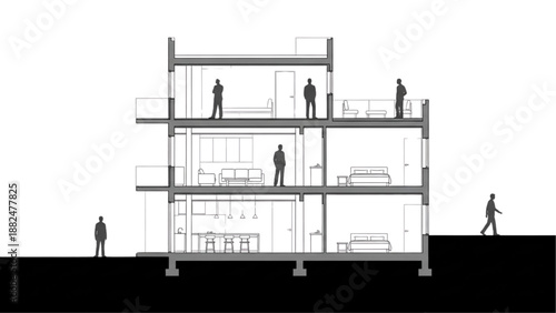 Architectural cross-section showing residential building interior and exterior views