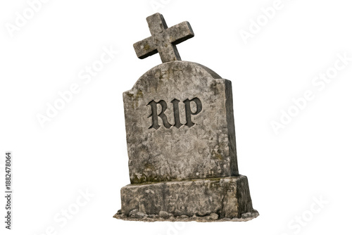 Tombstone with rip inscription and cross symbol, representing death, memorial, and eternal rest, isolated on transparent background
