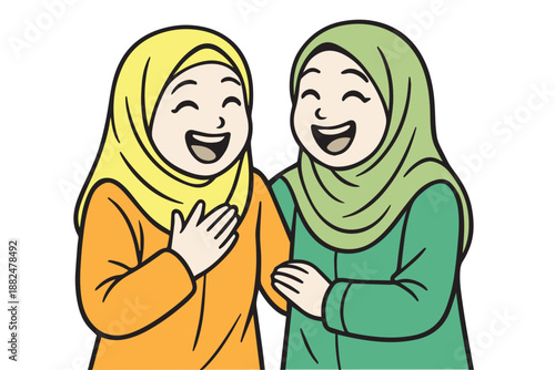 Cute vector artwork of two Muslim women in hijabs sharing laughter, cheerful mood representing friendship, joy, diversity, modern life, and uplifting cultural expression in a fun style.
