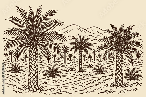 Clean simple vector of an oil palm plantation, highlighting tropical farming, agricultural productivity, natural land use, plantation management, and modern minimal landscape illustration style.