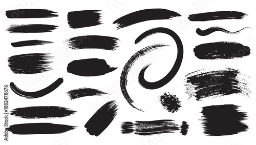 Abstract Black Ink Brush Strokes Set - Textured Paint Swashes, Grungy Splatters, and Hand-Painted Vector Elements for Artistic Branding.