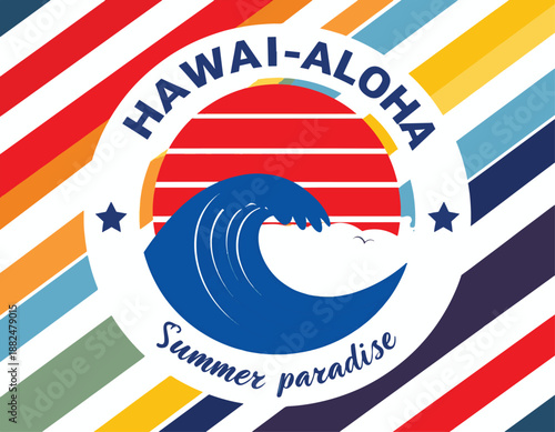 Retro graphic design of tropical summer paradise, featuring a stylized ocean wave, setting sun, and island text on a vibrant striped background