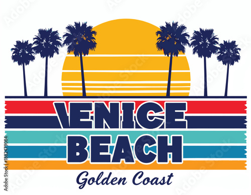 Retro-style vibrant beach graphic design featuring silhouetted palm trees against a colorful sunset, perfect for vintage summer travel themes on a dark background