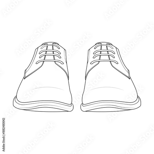 Front view outline of a pair of men's formal oxford shoes. Vector line art of classic leather footwear isolated on white background. Standing position concept.