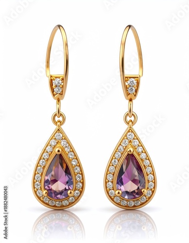 Gold earrings with purple gems and surrounding diamonds