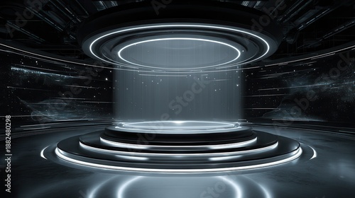 Wallpaper Mural Futuristic Sci-Fi Holographic Stage with Glowing Podiums and Digital Data Display. Torontodigital.ca