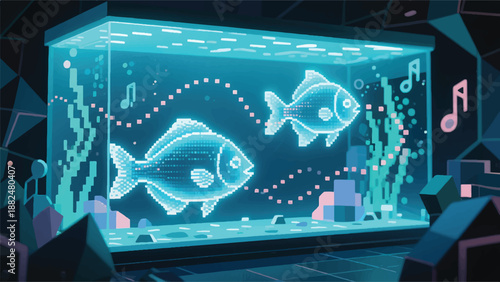 Aquarium Illustration Containing Holographic Fish Swimming With Pixel Trails, Dynamic Digital Environment Responding To Sound Vector Design Template