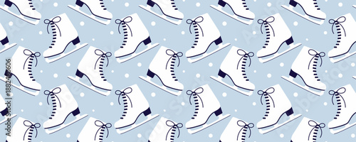 Seamless pattern of white ice skates with bow laces on light blue snowy background.