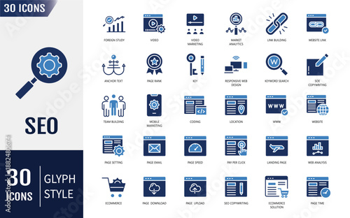 Seo icon set. Search Engine Optimization icon set. Business and marketing, traffic, ranking, optimization, link and keyword and more. Vector illustration