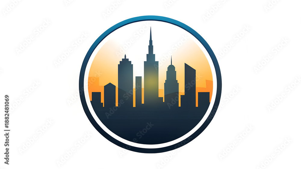 Obraz premium City skyline silhouette in circular frame with gradient sunset background