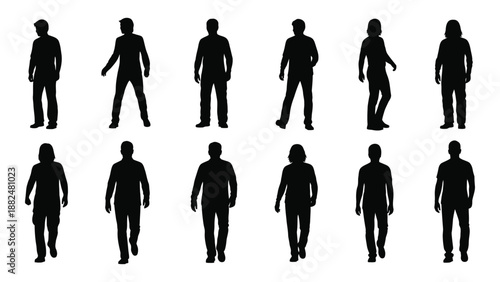 Silhouettes of people in various poses isolated on white background, Vector