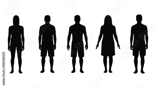 Silhouettes of five individuals isolated on white background, Vector