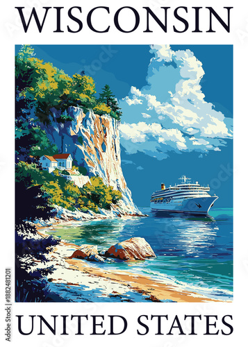 Scenic Wisconsin coastline with dramatic cliffs, a tranquil beach, and a cruise ship sailing on the blue ocean, a vibrant vector illustration for travel and leisure.
