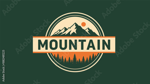 Vintage Mountain Landscape Emblem with Forest and Sun.