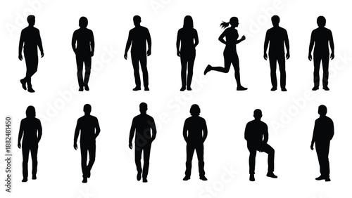 Silhouettes of people in various poses isolated on white background, Vector