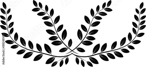 Black laurel wreath silhouette set, olive branch border frame for award trophy, victory symbol, heraldic leaf decoration, isolated on white background,
