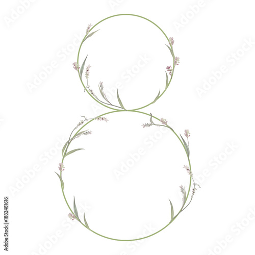 Digit 8 with floral motifs. Numeral eight. Botanical font with herbs and wildflowers. Blooming green branches of Polygonum plant. Knotweed or Smartweed flower. Isolated on white background.