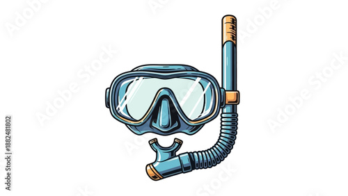 A cartoon illustration of a blue snorkeling mask and tube on a white background