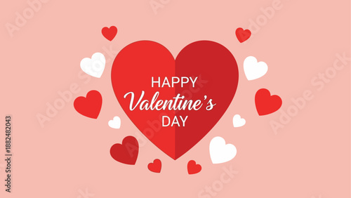 Happy Valentine's Day greeting card with red and white hearts on pink background