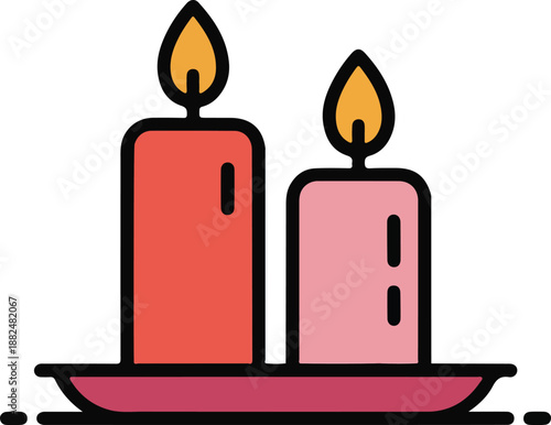 Simple illustration of two lit colorful candles on a plate