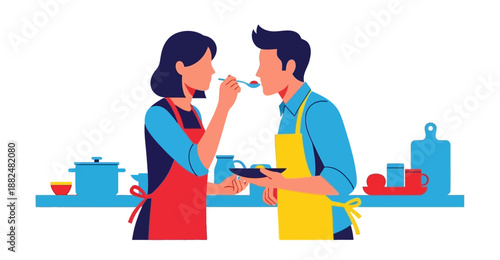 Joyful couple in aprons preparing and tasting a delightful homemade meal together in a modern kitchen setting