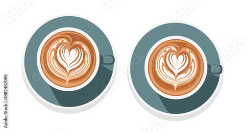 Illustrative top view of two coffee cups with expertly poured heart latte art, a delightful frothy beverage