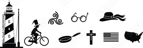Black miscellaneous icon set featuring lighthouse USA map American flag cyclist and religious symbols isolated on white background for travel design,
