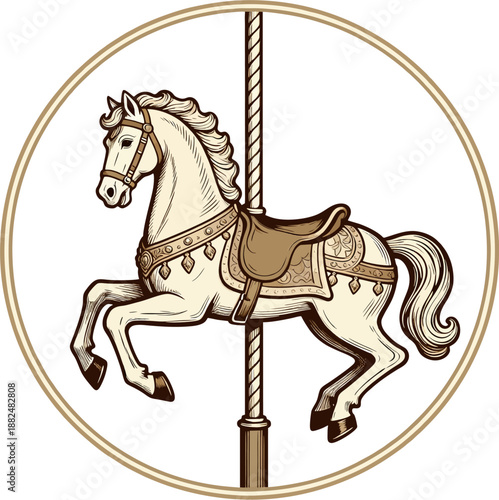 Vintage beige carousel horse galloping with ornate saddle and pole inside beige circular frame line art