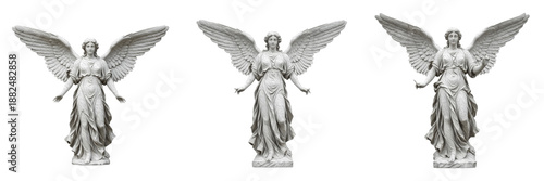 Schilderij op canvas Set of three winged angel statues in different poses isolated on white backgroun