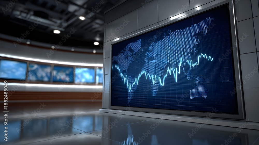 Fototapeta premium Modern news studio displaying a world map with a financial data graph