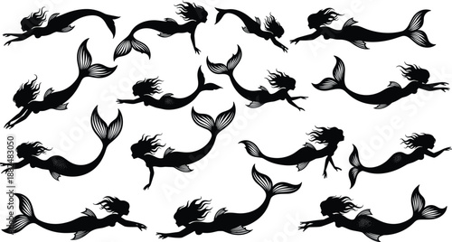 Black Mermaid Silhouettes Set with Elegant Swimming Poses and Mythical Sea Creatures Vector Illustration Isolated on White Background for Graphic Design