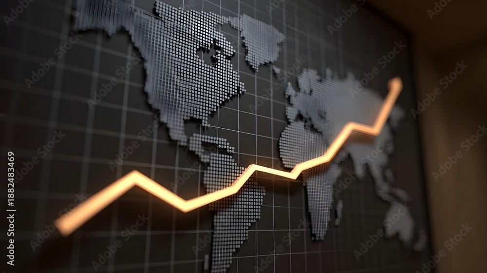 Obraz premium A glowing orange line graph showing upward global economic trends over a dotted world map
