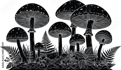 Black Mushroom Silhouettes Set with Forest Ferns and Grass Vector Illustration Isolated on White Background for Mystical Woodland Nature Design
