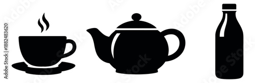 Iconic drinkware set featuring a steaming cup, a teapot, and a bottle for beverage menus and services