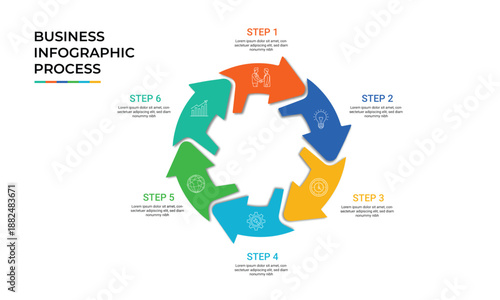 Modern business process infographic with six steps, ideal for corporate presentations and reports.