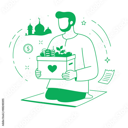 Man holding box with plants and money, surrounded by charity symbols and financial elements in a serene illustration