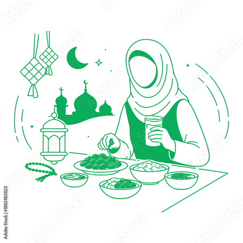 Woman in hijab preparing traditional meal during Ramadan at home with various dishes and lantern