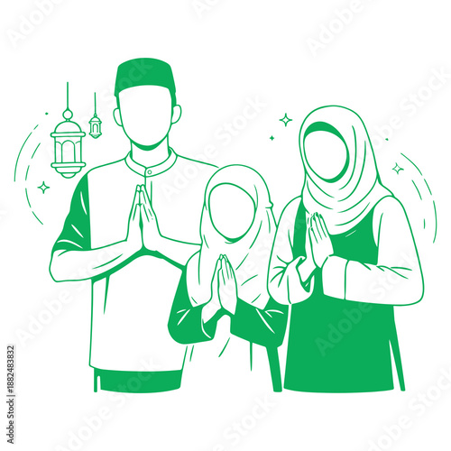 Family praying together during Ramadan with lantern and hijab in a serene illustration