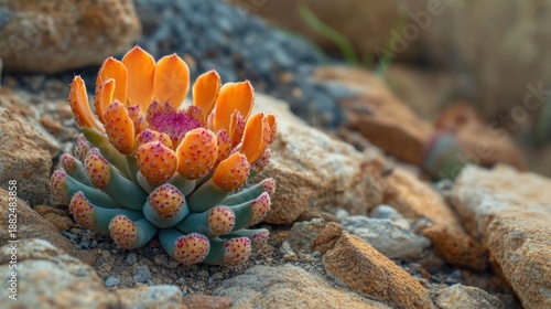 A vibrant succulent plant with orange and green hues thrives amidst a rocky landscape, showcasing the beauty of nature's intricate designs and textures in a close-up view