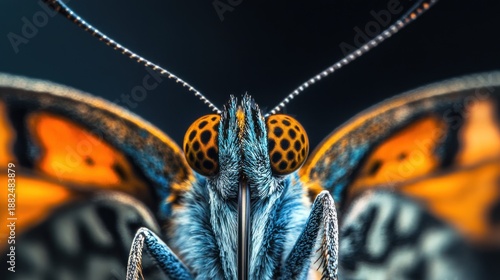 Vibrant butterfly with orange and blue wings in extreme close-animated movie