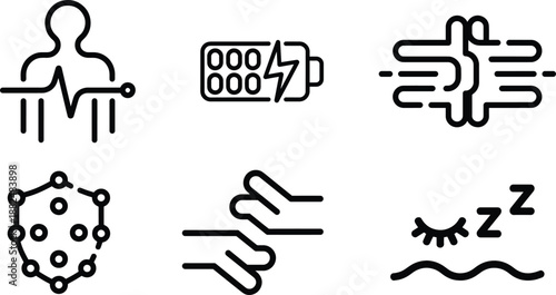 Wellness and Health Line Icon Set with Energy Battery Sleep Stress Relax Body Sensor and Medical Symbols Black and White Outline Vector for Apps Dashboards and Digital Interfaces