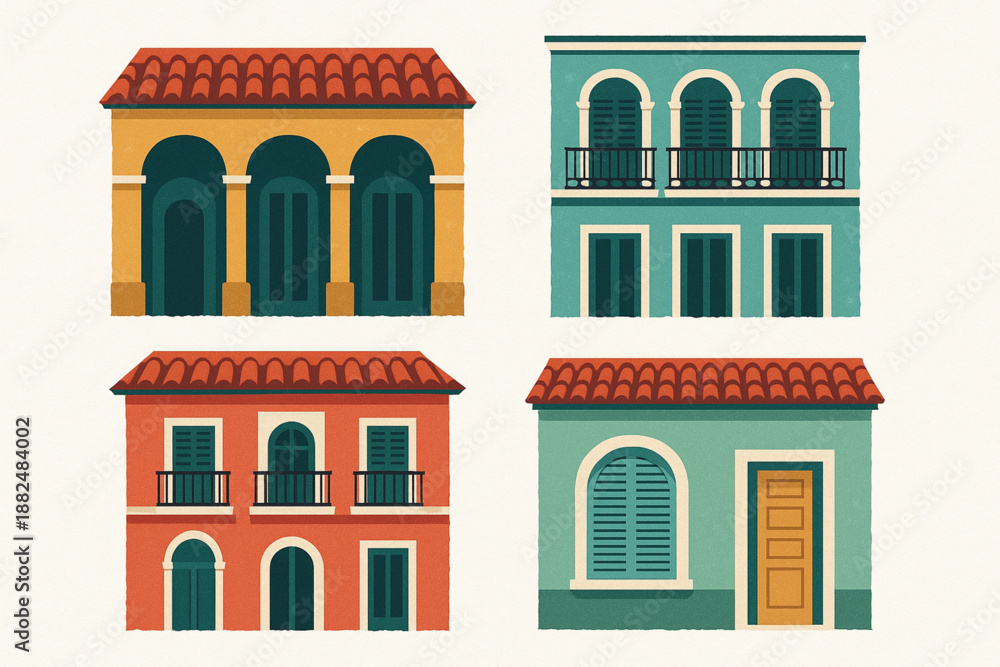 Naklejka premium Cuban Colonial Architecture Icon Set Flat Vector Illustration