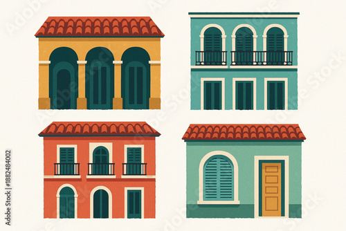 Cuban Colonial Architecture Icon Set Flat Vector Illustration