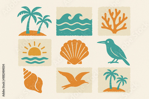 Cuban Beach and Nature Icon Set Flat Vector Illustration