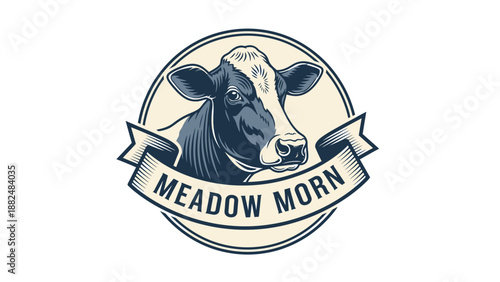 Vintage Meadow Morn Cow Logo Emblem Illustration.