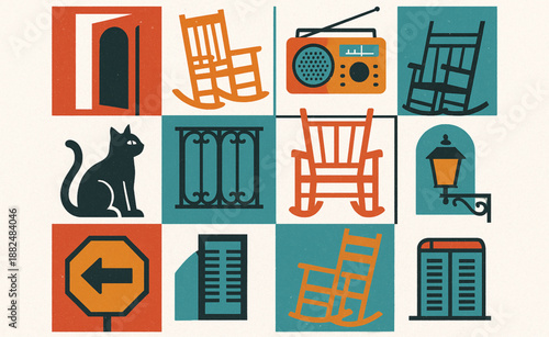 Cuban Neighborhood Life Icon Set Flat Vector Illustration