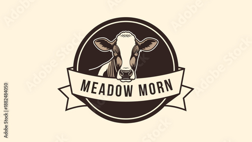 Vintage Meadow Morn Dairy Farm Logo with Cow Head and Ribbon.